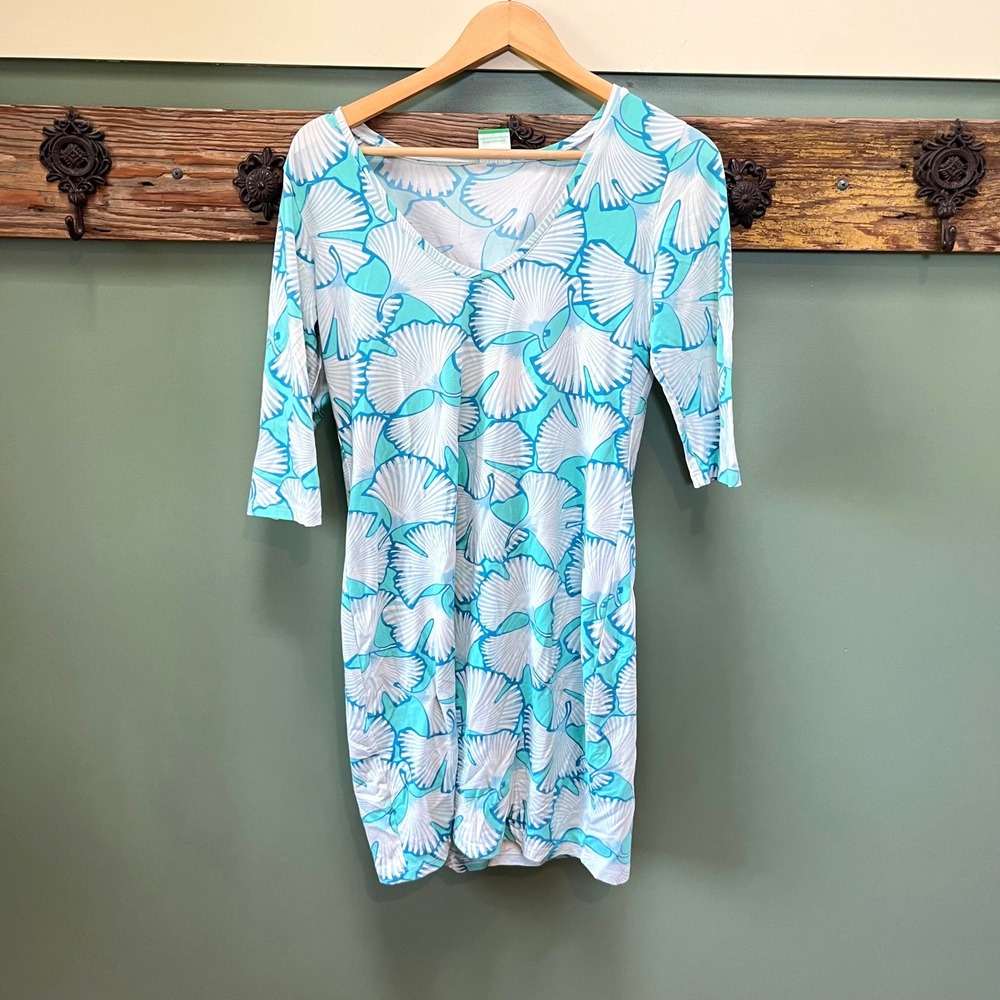 Manuel Canovas Turquoise Ginkgo Leaf Print V-Neck 3/4 Sleeve Shift Dress Womens
